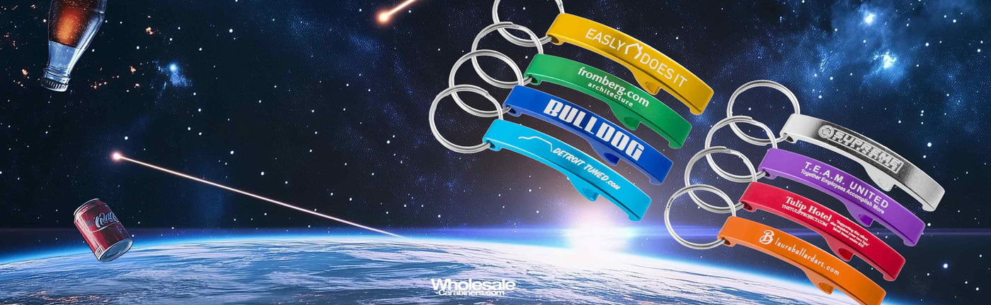 Custom bottle openers floating in space with lasers in backround.