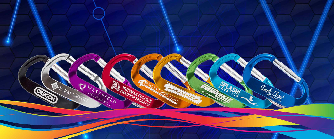 Custom engraved carabiners in nine colors with laser-etched logos for bulk orders – Wholesale-Carabiners.com