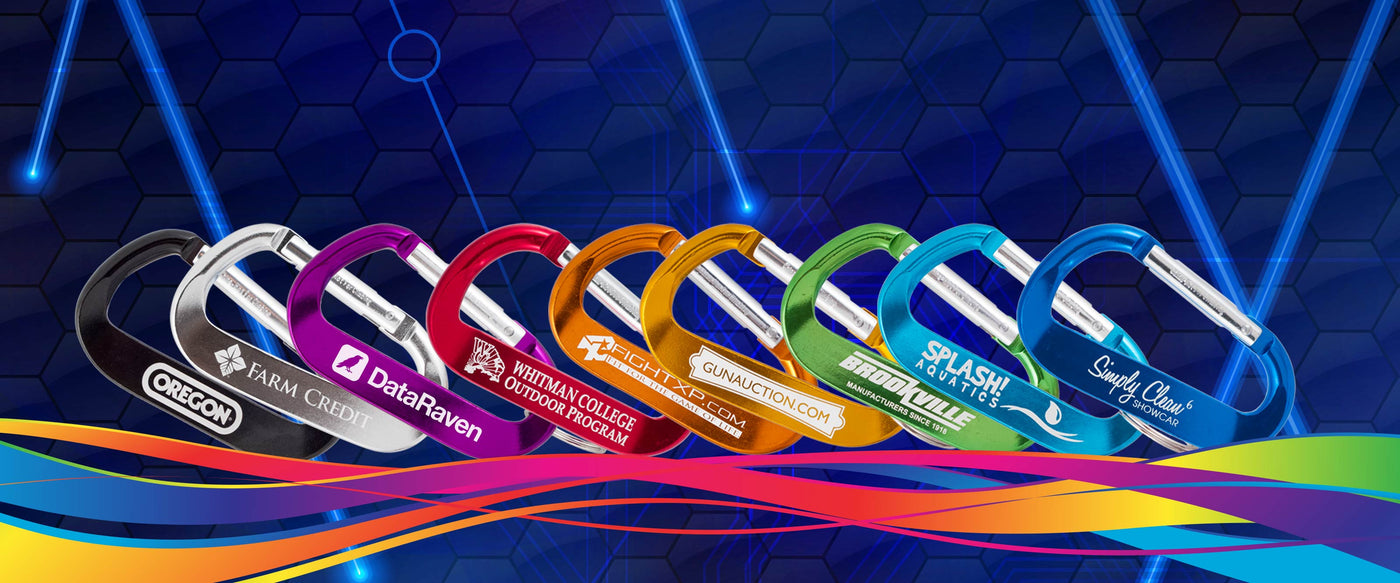 Custom engraved carabiners in nine colors with laser-etched logos for bulk orders – Wholesale-Carabiners.com