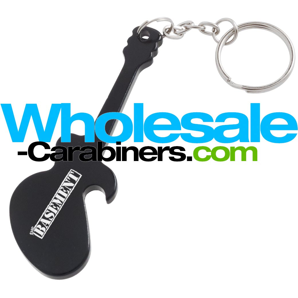 A black guitar-shaped keychain bottle opener with a silver split key ring, featuring a customized engraving in script on the body.