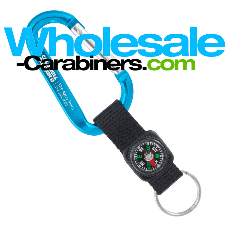 Laser Engraved Keychain Carabiners with Compass Straps - Caribbean Blue