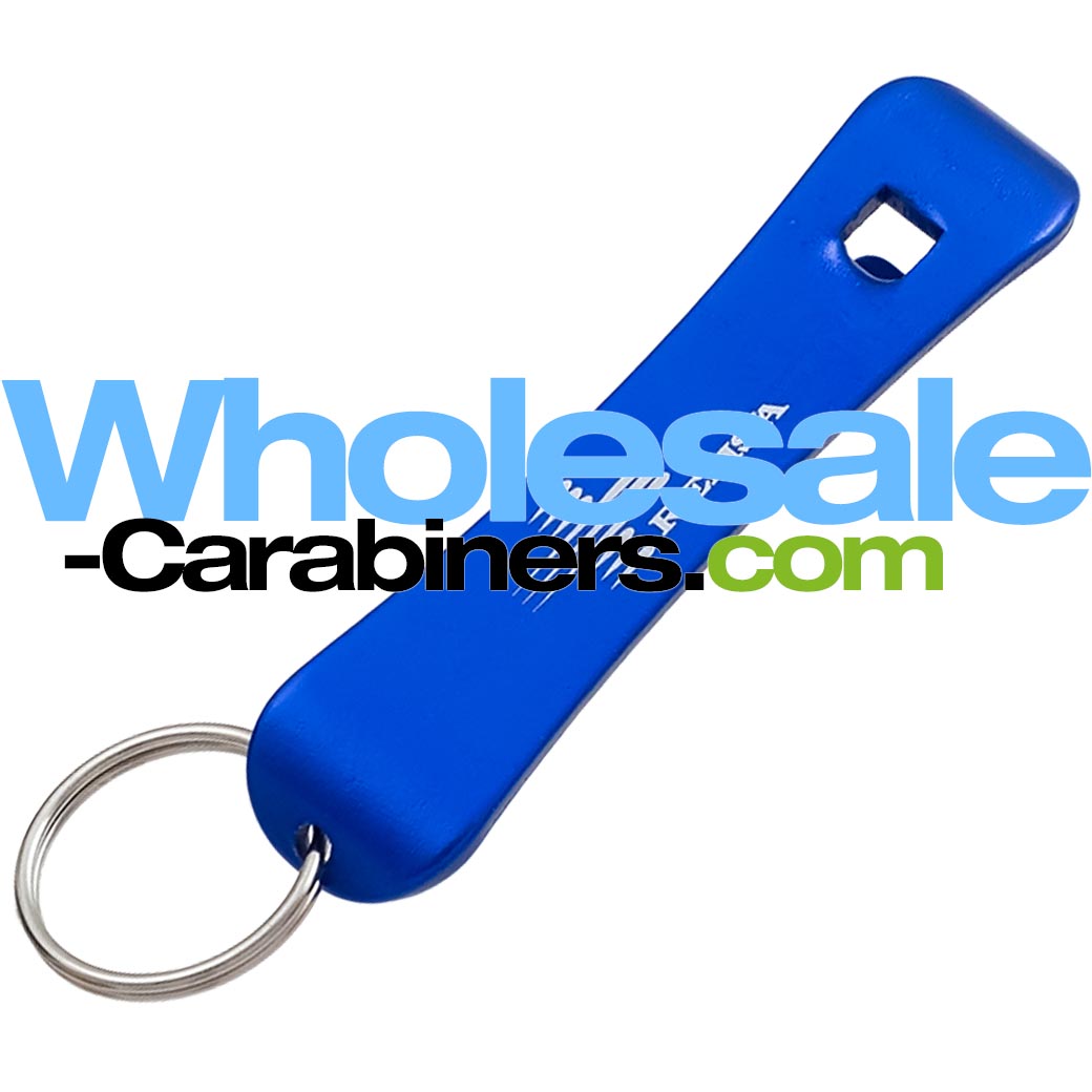 A blue snowboard shaped bottle opener keychain with a silver split ring, shown on a white background with a large 'Wholesale-Carabiners.com' watermark overlay.