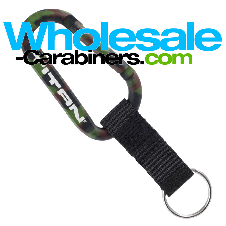 Engraved 80mm Camouflage Carabiner Keychain Shown With Nylon Strap