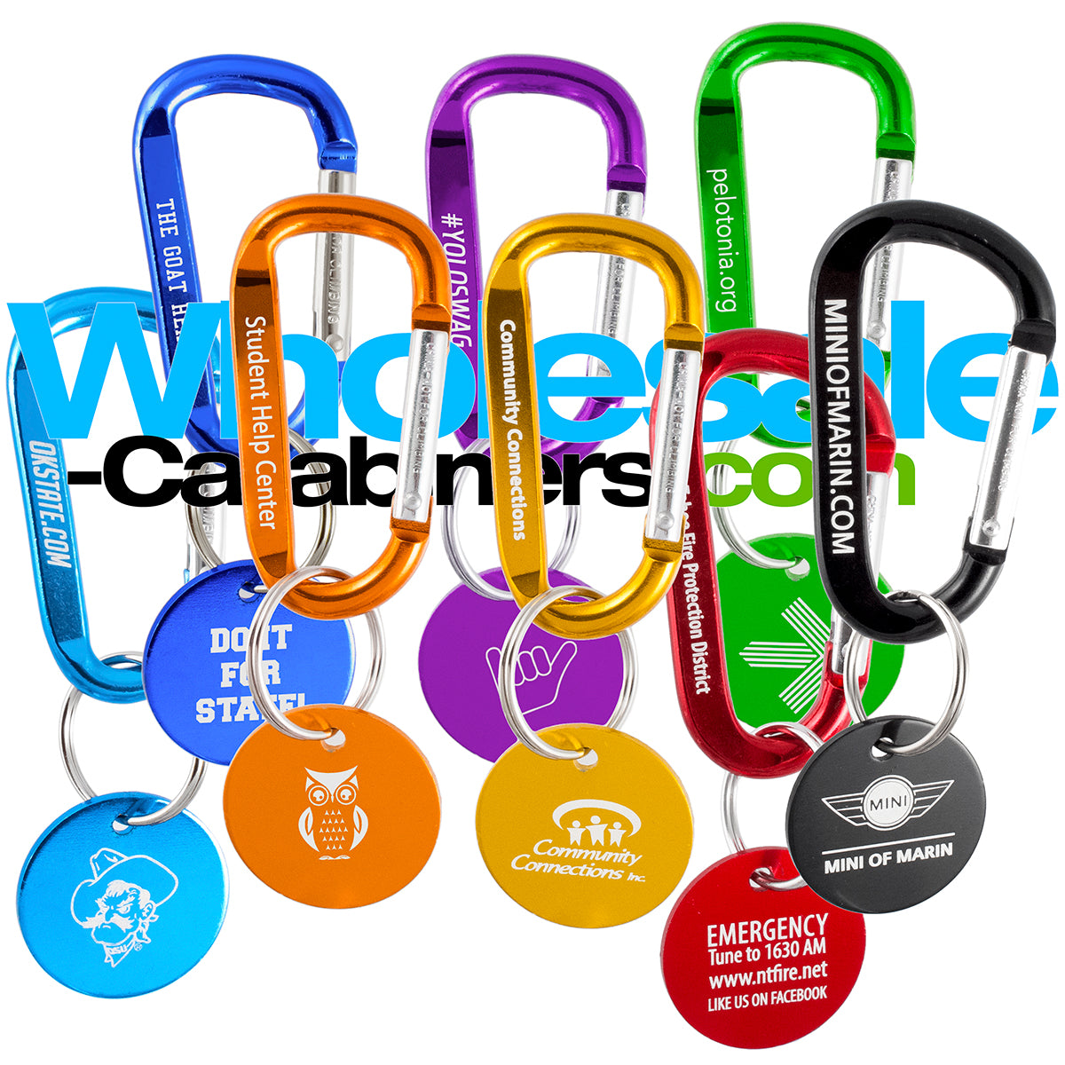 60mm carabiners with attached round medallions, in eight colors, with customization via laser engraving of various logos and text.