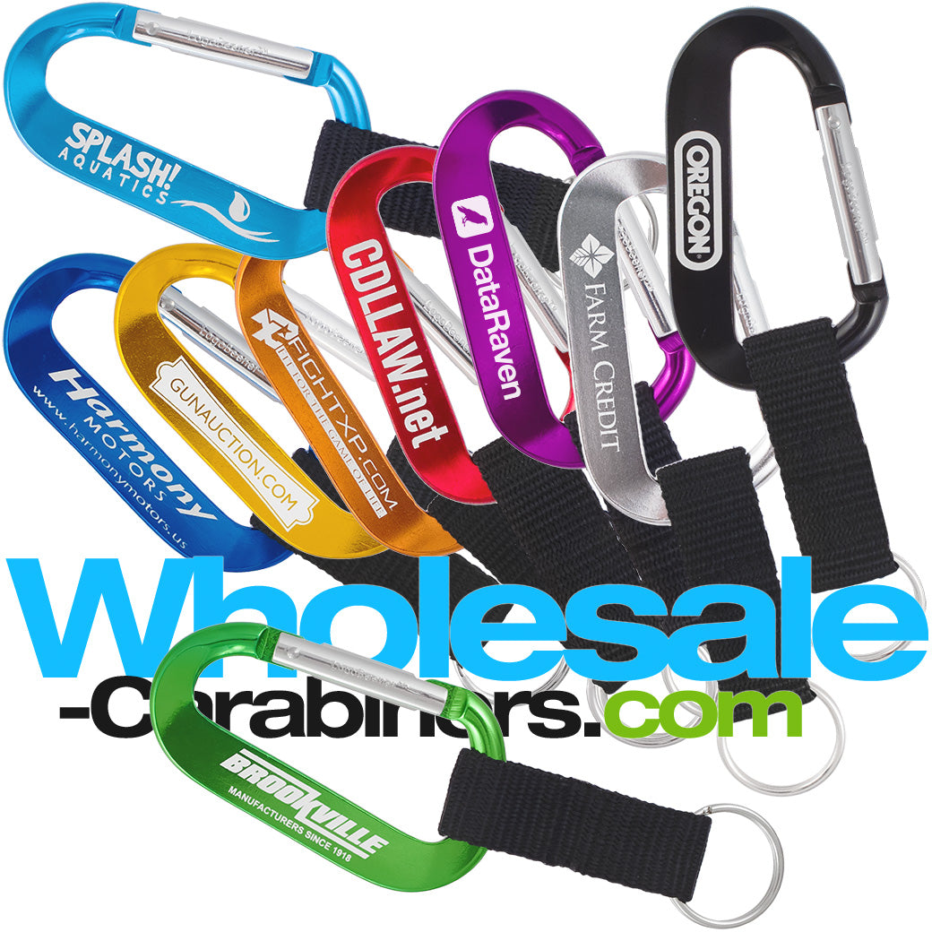 Promotional LogoBeeners, with engraved logos, in nine different colors, with a nylon stap applied to each.