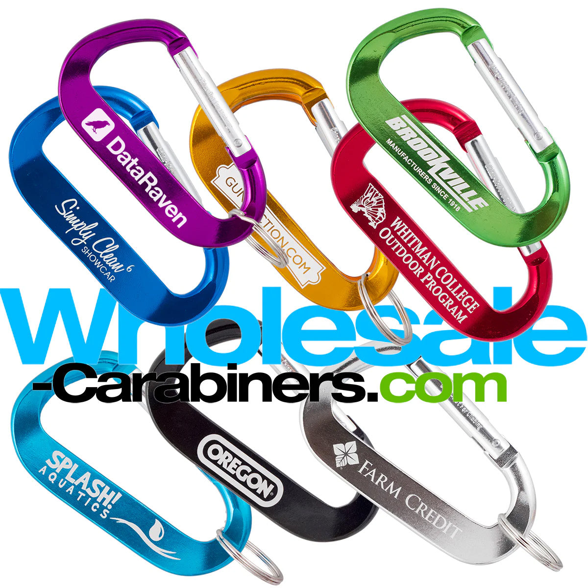 An array of eight 2.75" (70mm) engraved anodized aluminum LogoBeener™ carabiners with logos, in colors of light blue, dark blue, green, black, gold, red, purple and silver, arranged against a white background.