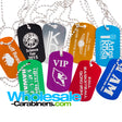 Head on grouping shot of laser engraved anodized aluminum dog tags for people, with neck chains attached, customized with logos, in colors of orange, black, silver, gold, light blue, green, purple, red and dark royal blue, all arranged against a white background.