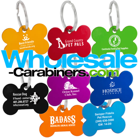 Group shot of eight bone shaped customized dog tags for pets in light blue, dark royal blue, green, gold, orange, red, purple and black arranged against a white background.