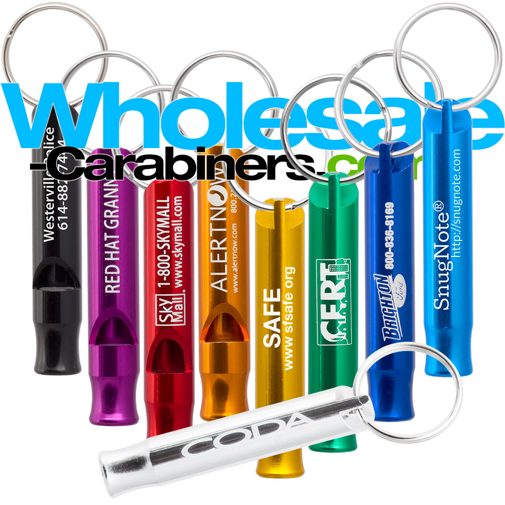 Laser Engraved "Bobby" Style Safety Whistles in Black, Red, Orange, Gold. Green, Purple, Royal Blue, Silver, and Light Blue against a white background.