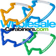 Aluminum engraved carabiners in the shape of a fish, in gold, light blue, dark royal blue, and green.