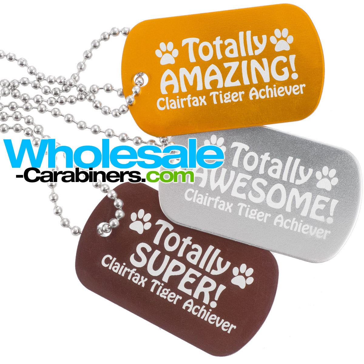 Horizontally oriented head on grouping Shot of laser engraved anodized aluminum dog tags for people, with neck chains attached, customized with logos, in colors of gold, silver and bronze, arranged against a white background.