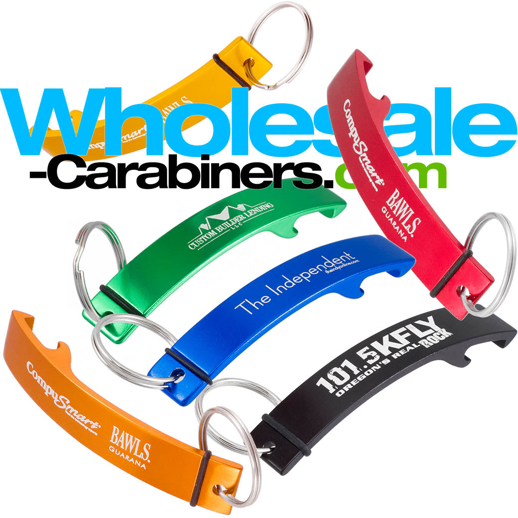 Dynamic grouping of six Designer Series engraved anodized aluminum bottle openers in dark royal blue. green, gold, orange, red and black against a white background.