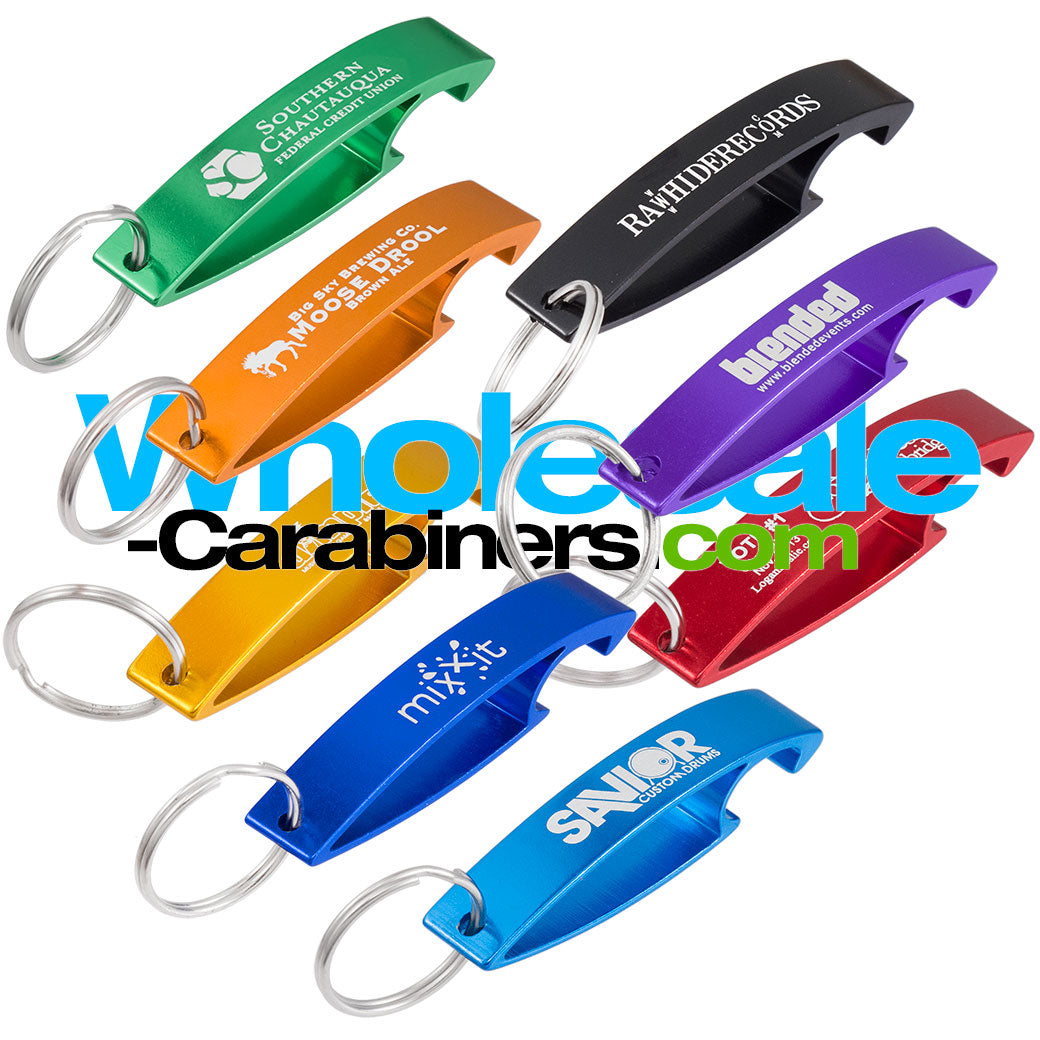 Group shot of eight Wave custom engraved anodized aluminum bottle openers in light blue, dark royal blue. green, gold, orange, red, purple and black against a white background.