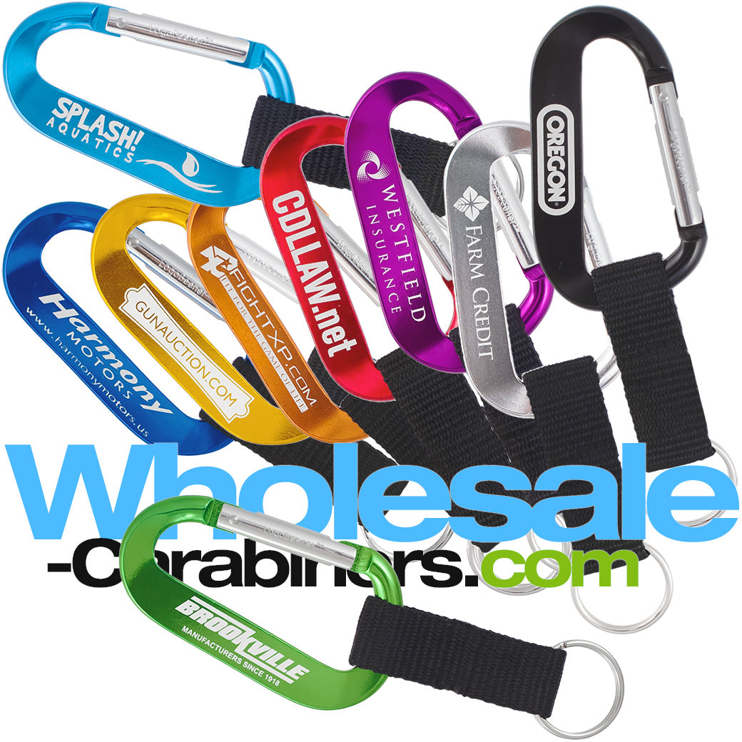 Promotional LogoBeeners, with engraved logos, in nine different colors, with a nylon stap applied to each.