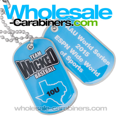 A straight on shot of both sides of a full color dog tag for people with neck chains attached, against a white background.