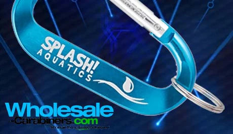 Lasers firing behind a blue LogoBeener carabiner.