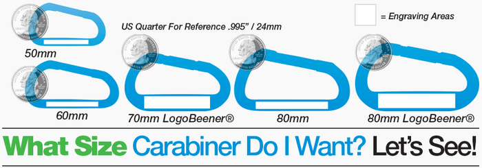 Carabiners shown in relative size to each other and their size in relation to a US quarter.