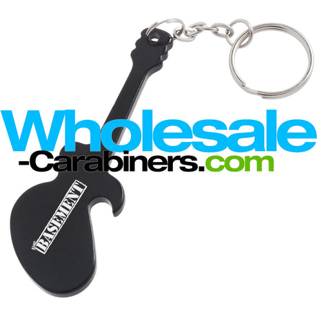 A black guitar-shaped keychain bottle opener with a silver split key ring, featuring a customized engraving in script on the body. 