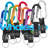 Nine 60mm engraved aluminum carabiners all in different colors, including dark blue, light blue, green, gold, red, orange, purple, black and silver, with attached nylon straps with compasses.