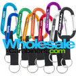 Nine 60mm engraved carabiners, in light blue, dark royal blue, green, gold, orange, red, purple, silver and black, with attached nylon straps with a white background.