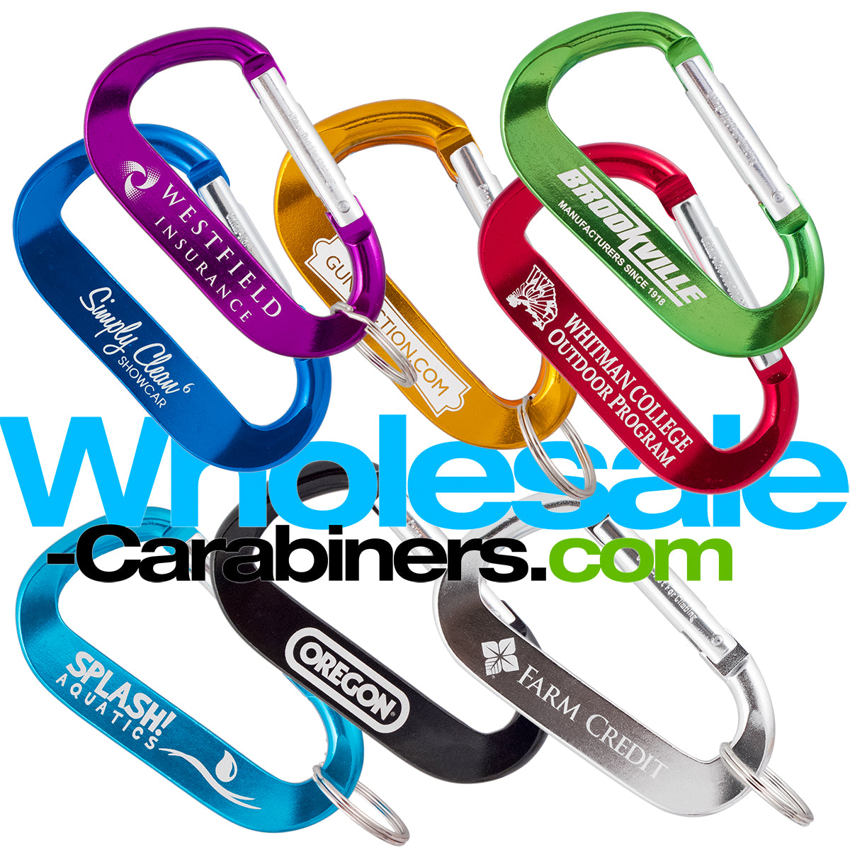 An array of eight 2.75" (70mm) engraved anodized aluminum LogoBeener™ carabiners with logos, in colors of light blue, dark blue, green, black, gold, red,  purple and silver, arranged against a white background.