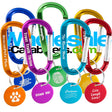 80mm carabiners with medallions attached, both customized with laser engraved logos and text, in 7 different colors on a white background. 