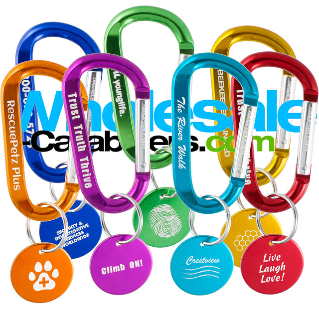 80mm carabiners with medallions attached, both customized with laser engraved logos and text, in 7 different colors on a white background. 