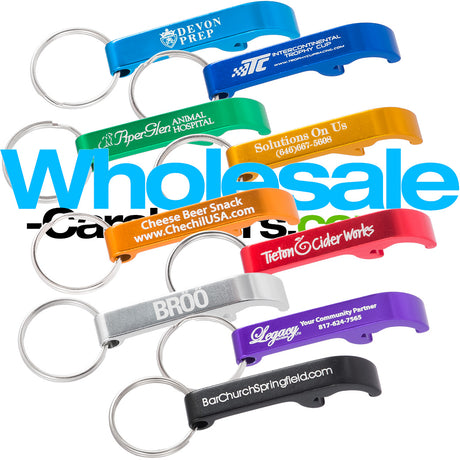 Grouping of BevLever custom engraved anodized aluminum bottle openers in light blue, dark royal blue, green, gold, orange, red, silver, purple and black against a white background.