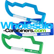 Aluminum engraved carabiners in the shape of a boat, anodized in light blue, dark royal blue, and green.