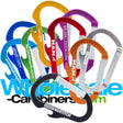 Grouping showing all nine colors of the laser engraved anodized aluminum carabiners with an integrated bottle opener in royal blue, light blue, green, gold, red, purple, orange, silver and black against a white background.