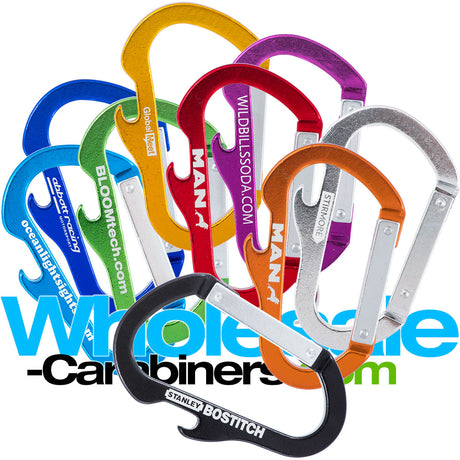 Grouping showing all nine colors of the laser engraved anodized aluminum carabiners with an integrated bottle opener in royal blue, light blue, green, gold, red, purple, orange, silver and black against a white background.