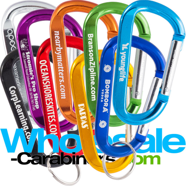 Face on grouping of nine 3.125" (80mm)  carabiners bulk engraved with logos, in colors of light blue, dark blue, green, black, gold, orange, red,  purple and silver, arranged against a white background.