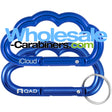 Two aluminum custom engraved carabiners in the outline shape of a cloud, anodized in dark blue, on a white background.