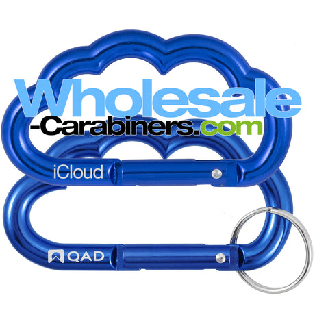Two aluminum custom engraved carabiners in the outline shape of a cloud, anodized in dark blue, on a white background.