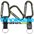 Three 80mm camouflage carabiners, laser engraved, one with no attachments, one with a strap, one with a strap and compass.