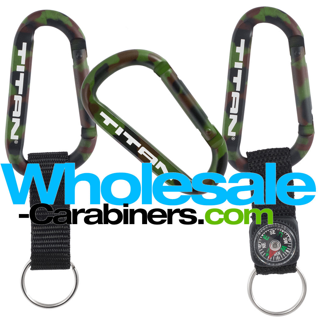 Three 80mm camouflage carabiners, laser engraved, one with no attachments, one with a strap, one with a strap and compass.