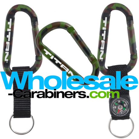 Three 80mm camouflage carabiners, laser engraved, one with no attachments, one with a strap, one with a strap and compass.