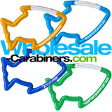 Aluminum engraved carabiners in the shape of a fish, in gold, light blue, dark royal blue, and green.