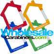 Four aluminum engraved carabiners in the shape of a house, anodized in red, dark royal blue, gold and red.