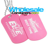 Two pink laser engraved anodized aluminum dog tags for people, with neck chains attached, customized with logos, viewed slightly at an angle, and arranged against a white background.