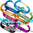 Group shot of nine 3.125" (80mm) engraved anodized aluminum promotional LogoBeener™ carabiners with logos, in colors of light blue, dark blue, green, black, gold, orange, red,  purple and silver, arranged against a white background.