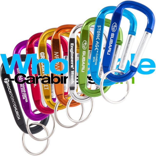 Grouping of nine 2.25" (60mm) custom carabiners with text and logos, in colors of light blue, dark blue, green, black, gold, orange, red,  purple and silver, arranged against a white background.