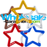 A group of five aluminum custom engraved carabiners in the shape of a star, anodized in dark blue, red, bronze, gold, and silver against a white background.